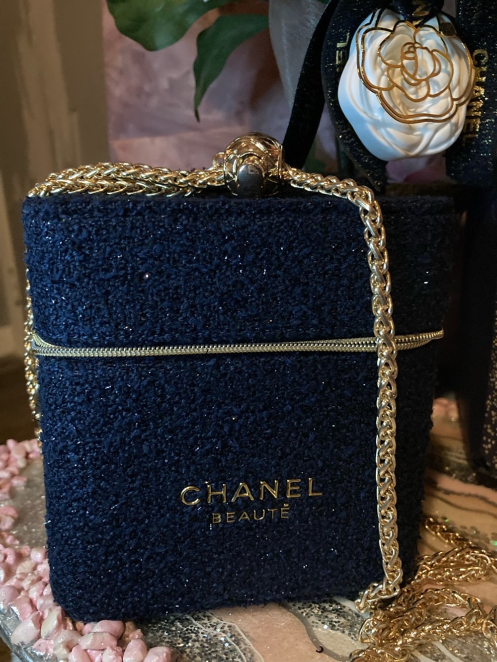 CHANEL  Navy Blue and Gold Glitter Crossbody with Camellia Charm, perfume bundle - Picture 6 of 7